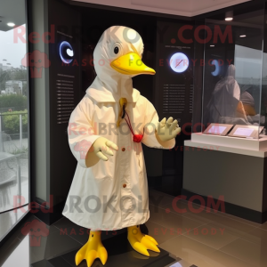 Cream Muscovy Duck mascot costume character dressed with a Raincoat and Keychains
