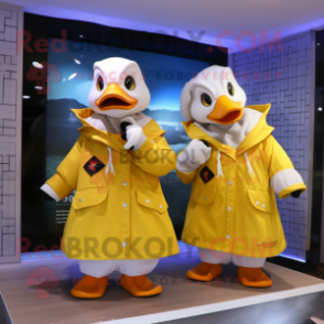 Cream Muscovy Duck mascot costume character dressed with a Raincoat and Keychains