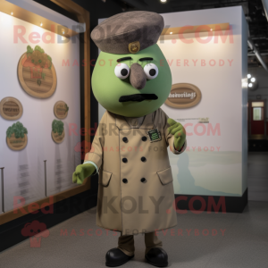 Olive Falafel mascot costume character dressed with a Suit and Hat pins