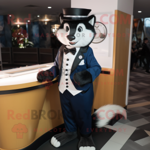 Navy Skunk mascot costume character dressed with a Suit Jacket and Cufflinks