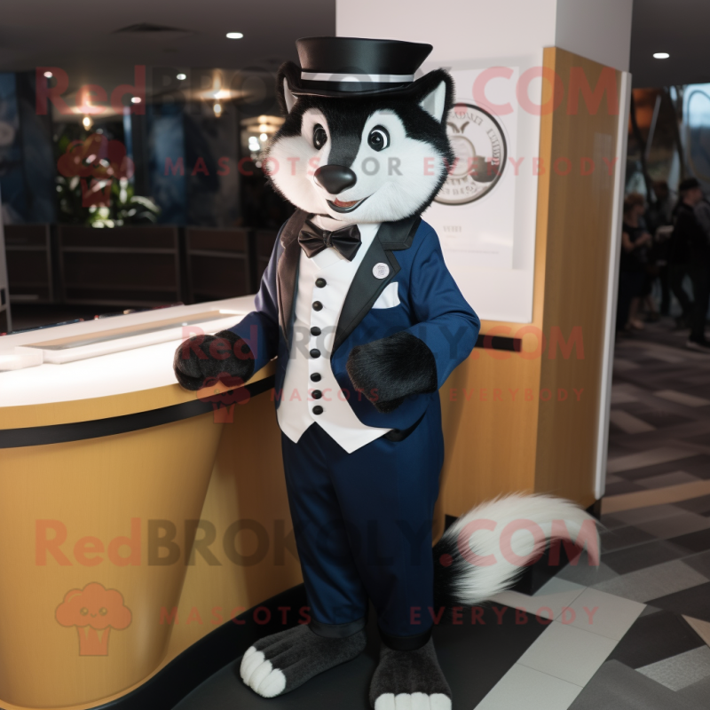 Navy Skunk mascot costume character dressed with a Suit Jacket and Cufflinks Navy Skunk mascot costume character dressed with a Suit Jacket and Cufflinks