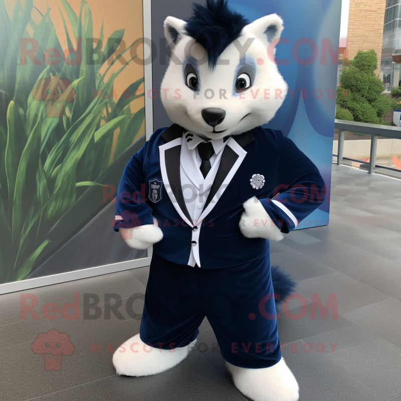 Navy Skunk mascot costume character dressed with a Suit Jacket and Cufflinks Navy Skunk mascot costume character dressed with a Suit Jacket and Cufflinks