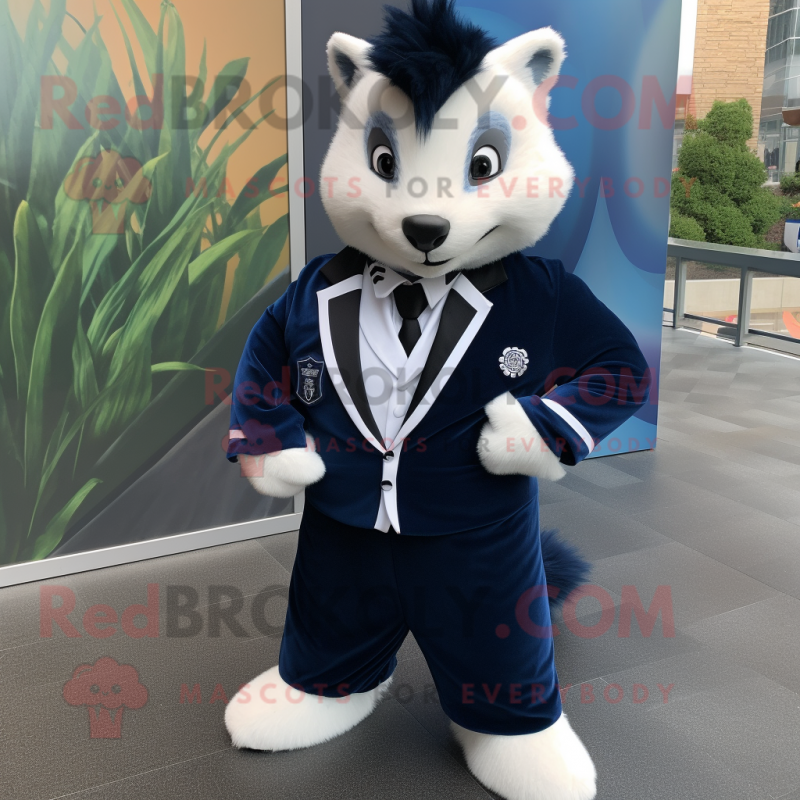 Navy Skunk mascot costume character dressed with a Suit Jacket and Cufflinks