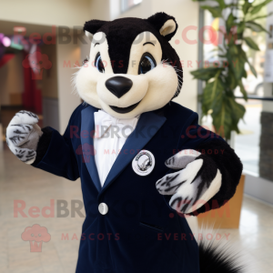 Navy Skunk mascot costume character dressed with a Suit Jacket and Cufflinks