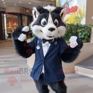 Navy Skunk mascot costume character dressed with a Suit Jacket and Cufflinks