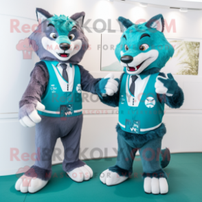 Teal Wolf mascot costume character dressed with a Waistcoat and Smartwatches