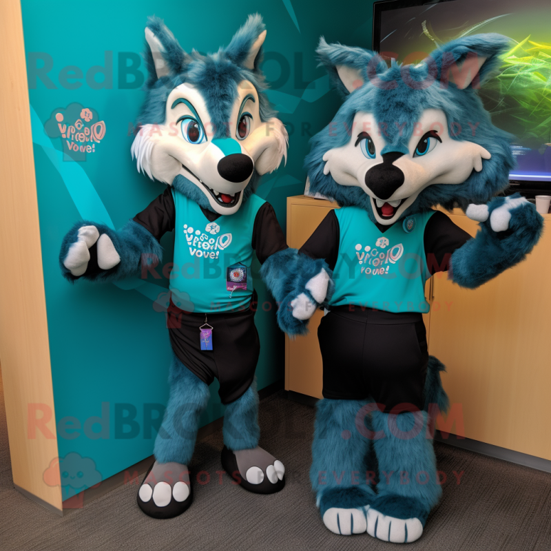 Teal Wolf mascot costume character dressed with a Waistcoat and Smartwatches