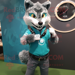 Teal Wolf mascot costume character dressed with a Waistcoat and Smartwatches