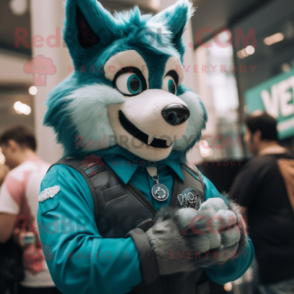 Teal Wolf mascot costume character dressed with a Waistcoat and Smartwatches