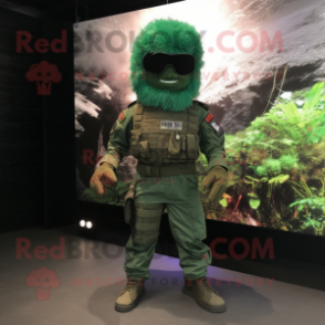 Forest Green Commando mascot costume character dressed with a Long Sleeve Tee and Hairpins