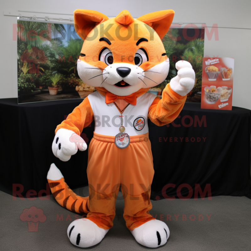 Orange Bobcat mascot costume character dressed with a Culottes and Coin purses Orange Bobcat mascot costume character dressed with a Culottes and Coin purses