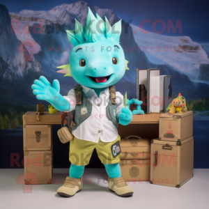 Cyan Axolotls mascot costume character dressed with a Cargo Shorts and Bracelet watches