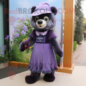 Lavender Spectacled Bear mascot costume character dressed with a A-Line Dress and Beanies