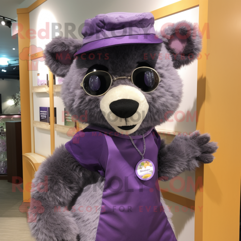 Lavender Spectacled Bear mascot costume character dressed with a A-Line Dress and Beanies