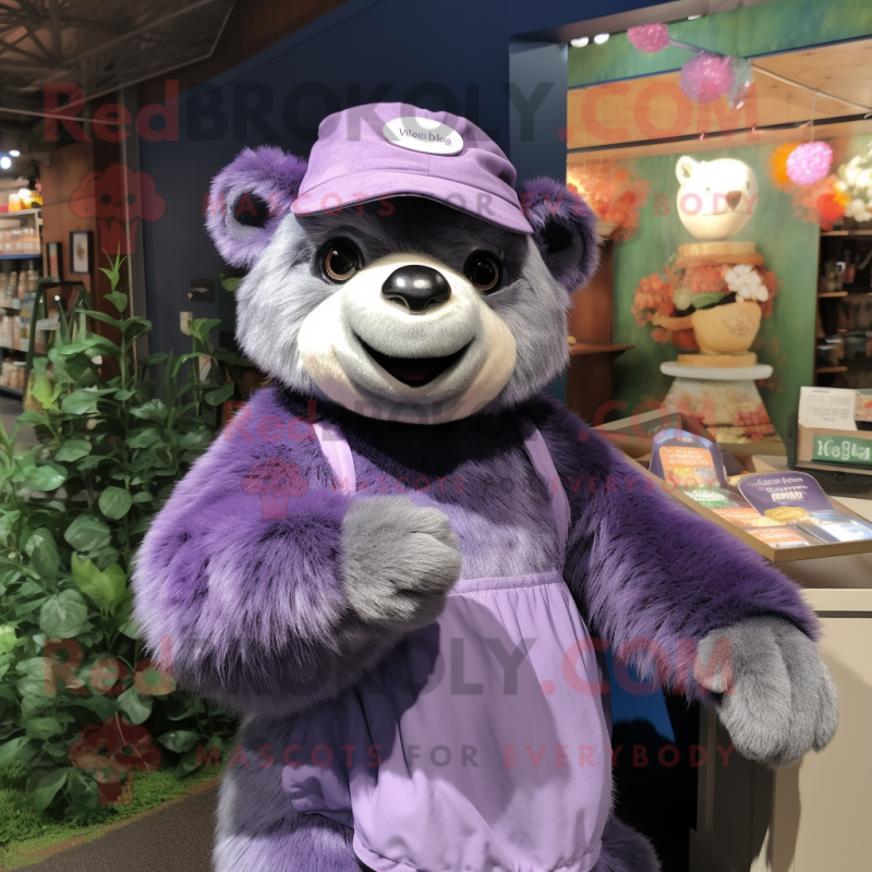 Lavender Spectacled Bear mascot costume character dressed with a A-Line Dress and Beanies