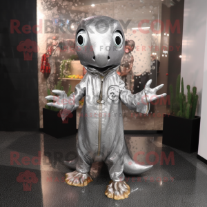 Silver Hydra mascot costume character dressed with a Raincoat and Keychains