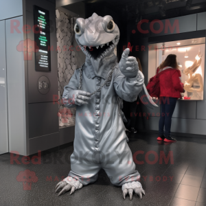 Silver Hydra mascot costume character dressed with a Raincoat and Keychains