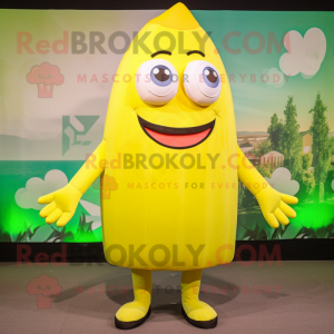 Lemon Yellow Cod mascot costume character dressed with a Tank Top and Foot pads