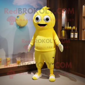 Lemon Yellow Cod mascot costume character dressed with a Tank Top and Foot pads