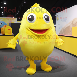 Lemon Yellow Cod mascot costume character dressed with a Tank Top and Foot pads