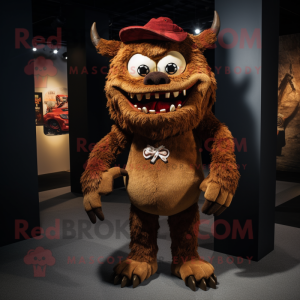 Brown Demon mascot costume character dressed with a Chinos and Lapel pins