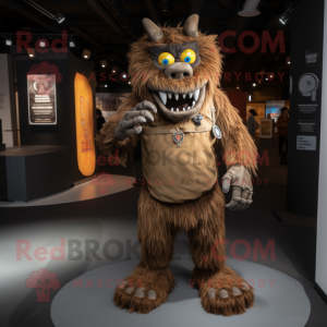 Brown Demon mascot costume character dressed with a Chinos and Lapel pins