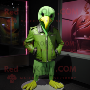 Lime Green Albatross mascot costume character dressed with a Leather Jacket and Belts