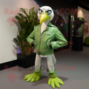 Lime Green Albatross mascot costume character dressed with a Leather Jacket and Belts