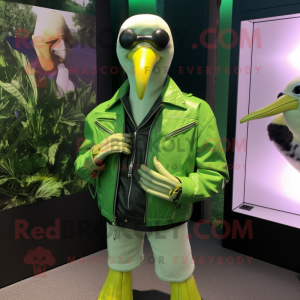 Lime Green Albatross mascot costume character dressed with a Leather Jacket and Belts