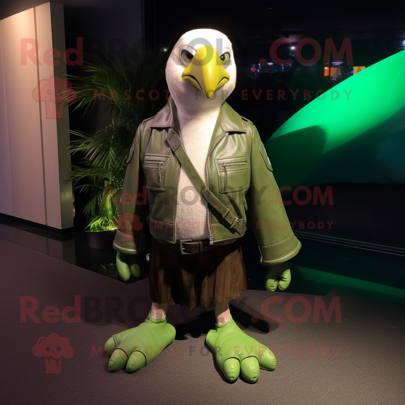 Lime Green Albatross mascot costume character dressed with a Leather Jacket and Belts Lime Green Albatross mascot costume character dressed with a Leather Jacket and Belts