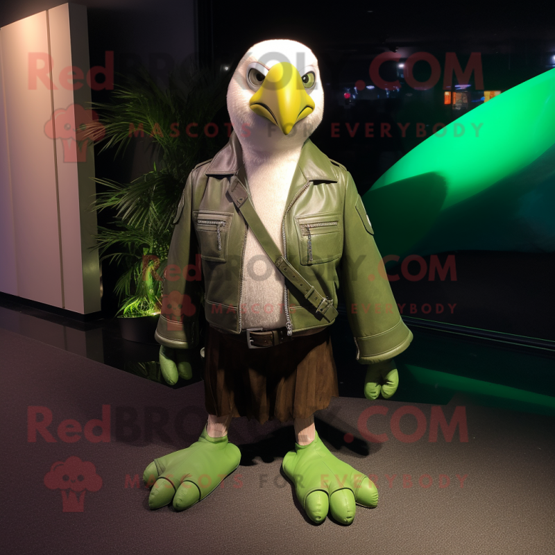 Lime Green Albatross mascot costume character dressed with a Leather Jacket and Belts