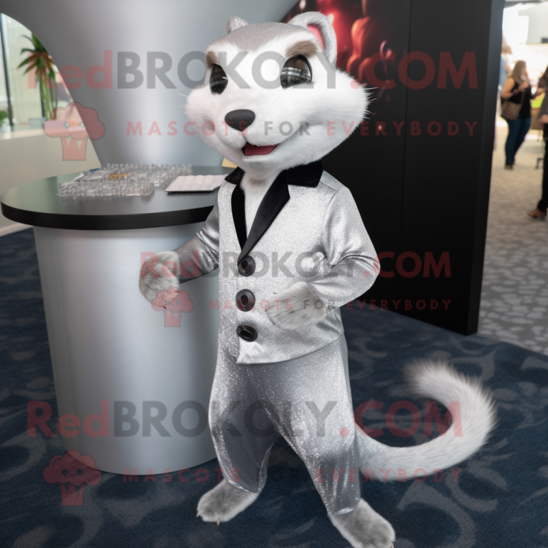 Silver Weasel mascot costume character dressed with a Dress Pants and Lapel pins Silver Weasel mascot costume character dressed with a Dress Pants and Lapel pins