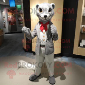 Silver Weasel mascot costume character dressed with a Dress Pants and Lapel pins