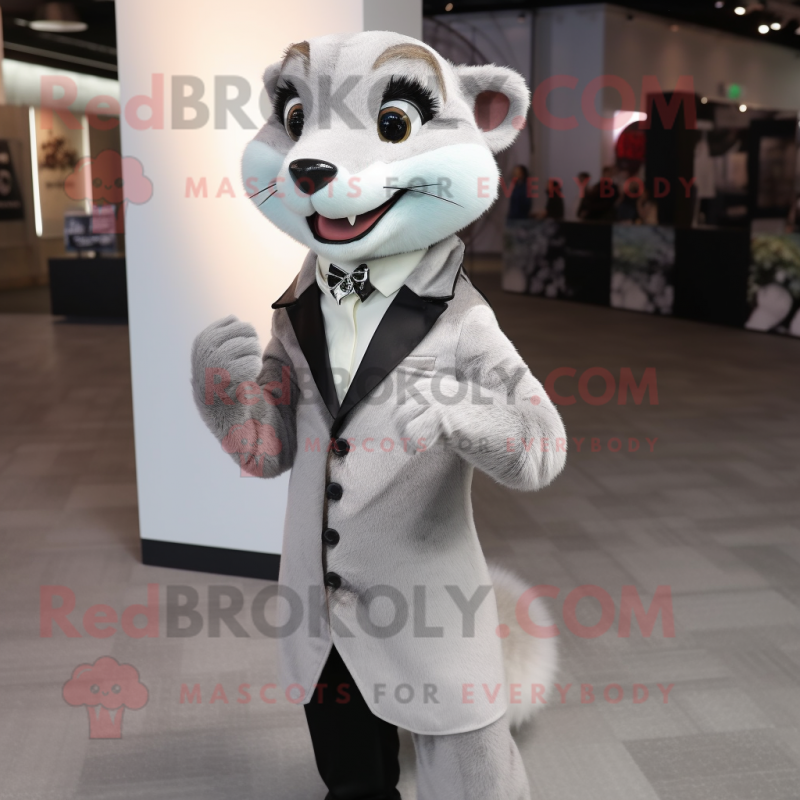 Silver Weasel mascot costume character dressed with a Dress Pants and Lapel pins Silver Weasel mascot costume character dressed with a Dress Pants and Lapel pins