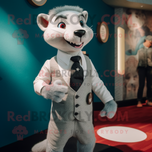 Silver Weasel mascot costume character dressed with a Dress Pants and Lapel pins