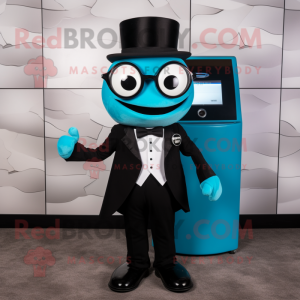 Cyan Cyclops mascot costume character dressed with a Tuxedo and Wallets