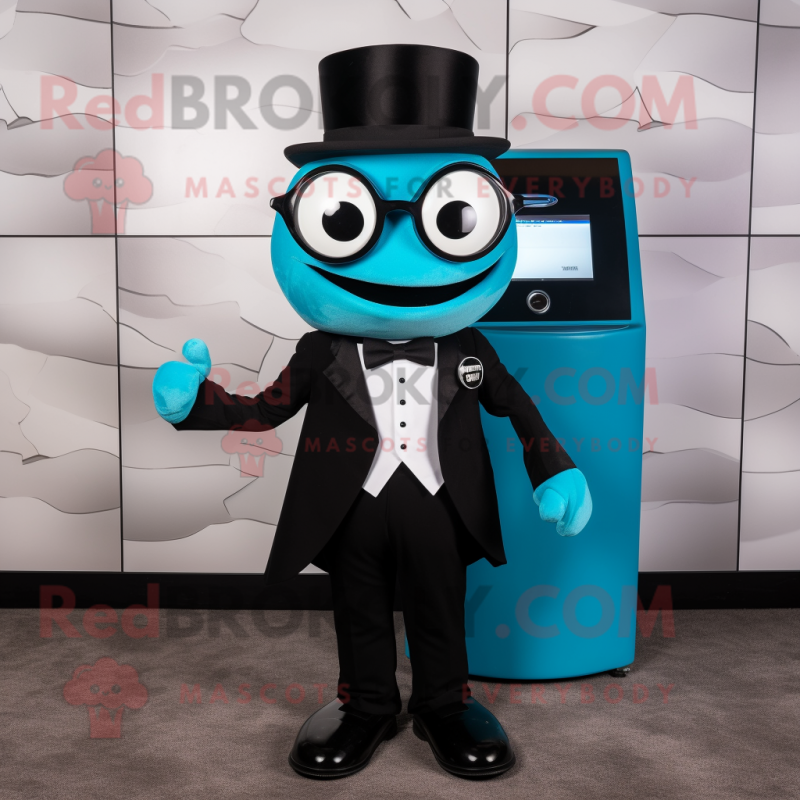 Cyan Cyclops mascot costume character dressed with a Tuxedo and Wallets Cyan Cyclops mascot costume character dressed with a Tuxedo and Wallets