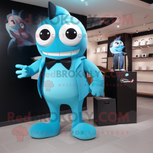 Cyan Cyclops mascot costume character dressed with a Tuxedo and Wallets