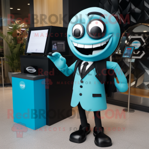 Cyan Cyclops mascot costume character dressed with a Tuxedo and Wallets