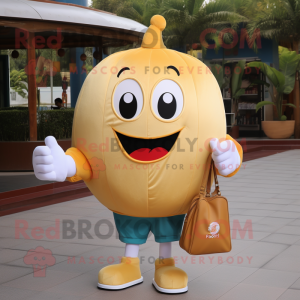 Gold Pumpkin mascot costume character dressed with a Polo Shirt and Messenger bags