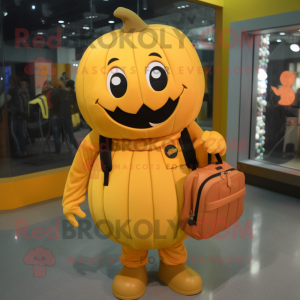 Gold Pumpkin mascot costume character dressed with a Polo Shirt and Messenger bags