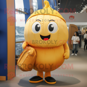 Gold Pumpkin mascot costume character dressed with a Polo Shirt and Messenger bags