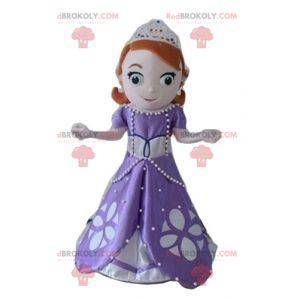 Mascotte de jolie princesse rousse avec une robe violette -