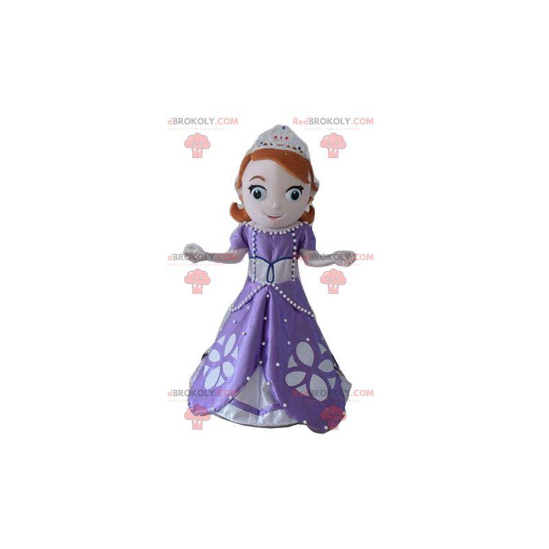 Mascotte de jolie princesse rousse avec une robe violette -