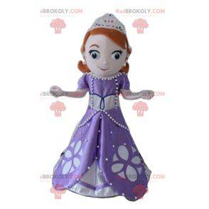 Mooie roodharige prinses mascotte met een paarse jurk -