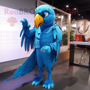 Sky Blue Macaw mascot costume character dressed with a Jumpsuit and Wraps