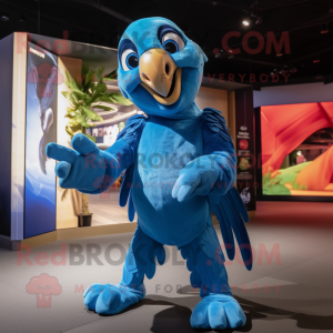 Sky Blue Macaw mascot costume character dressed with a Jumpsuit and Wraps