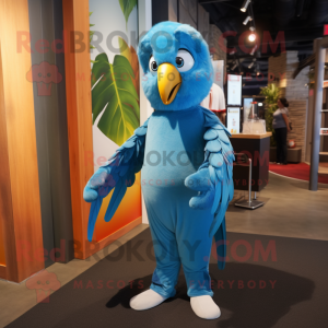 Sky Blue Macaw mascot costume character dressed with a Jumpsuit and Wraps