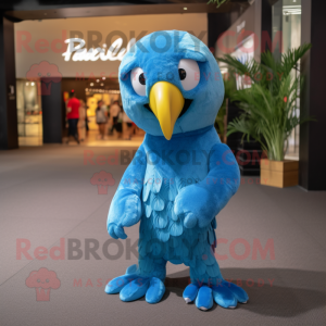 Sky Blue Macaw mascot costume character dressed with a Jumpsuit and Wraps