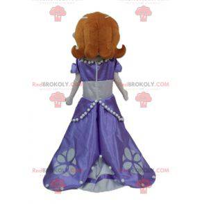 Mascotte de jolie princesse rousse avec une robe violette -
